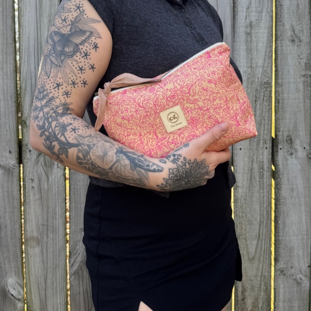 Magenta and Tan Handmade Floral Cosmetic Bag - Picture 2 of 8